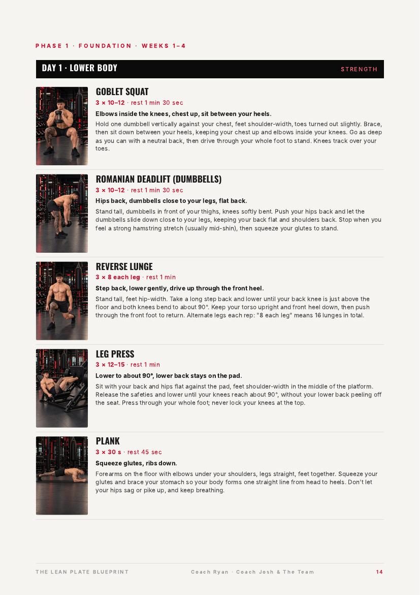 Page from the ebook: Phase 1, Day 1 lower-body workout with exercise photos and how-to