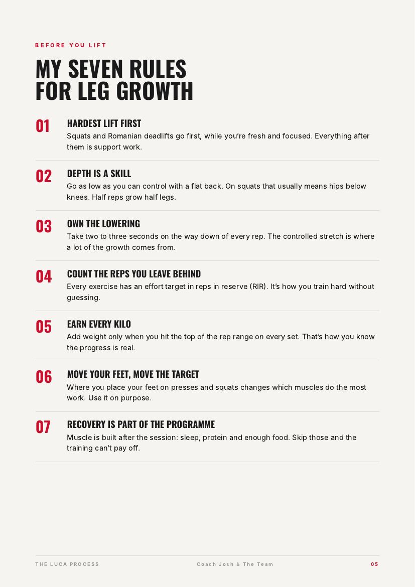 Page from the ebook: Luca’s seven rules for leg growth