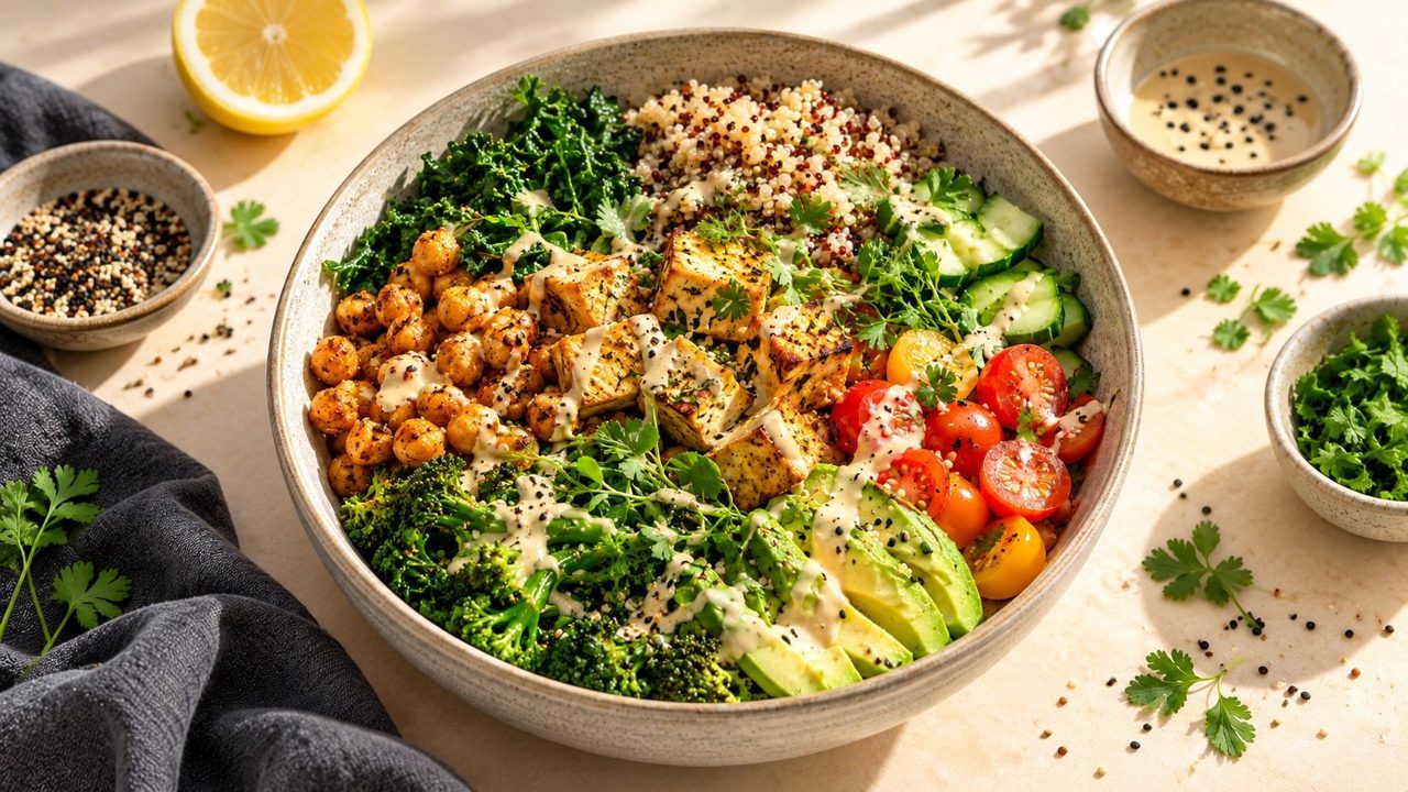 A balanced vegan bowl with tofu, chickpeas, quinoa, greens and avocado