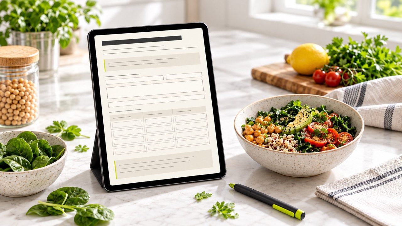 The fillable meal-planning worksheet on a tablet